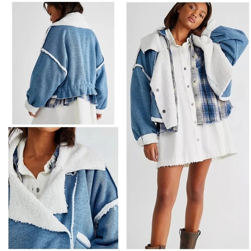 EUC Free People Josephine Sweater Sherpa Fleece Oversized Moto Sweater Jacket XS
